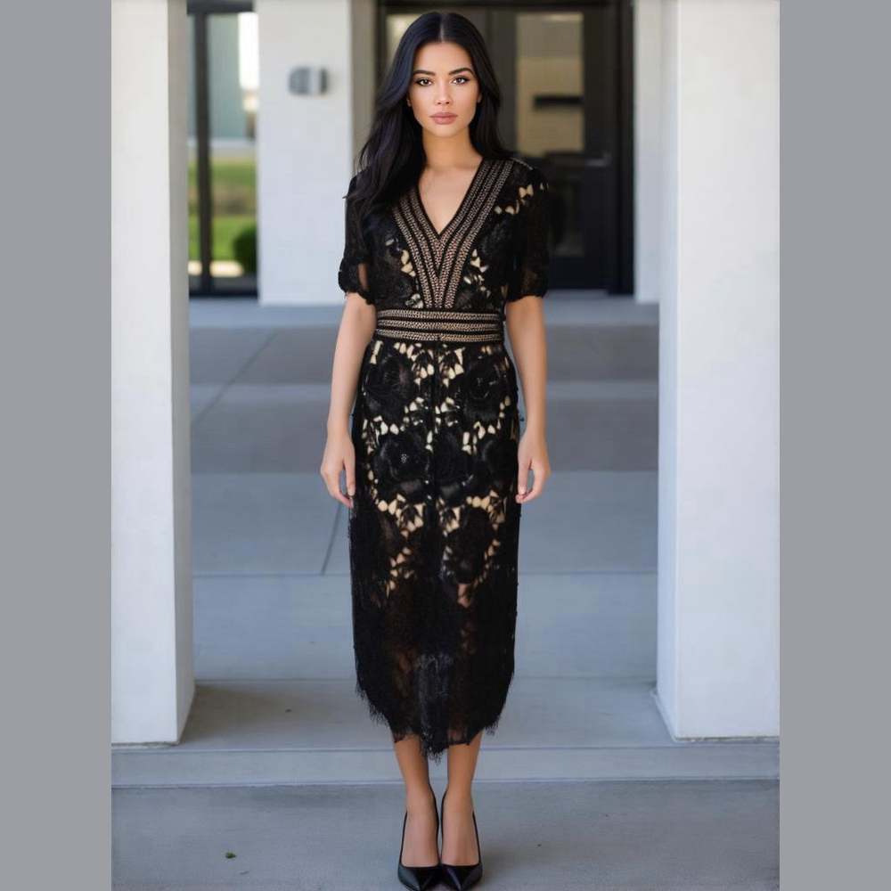 Adelyn Rae Black Lace Short Puff Sleeve Sheath Dress, Size Small